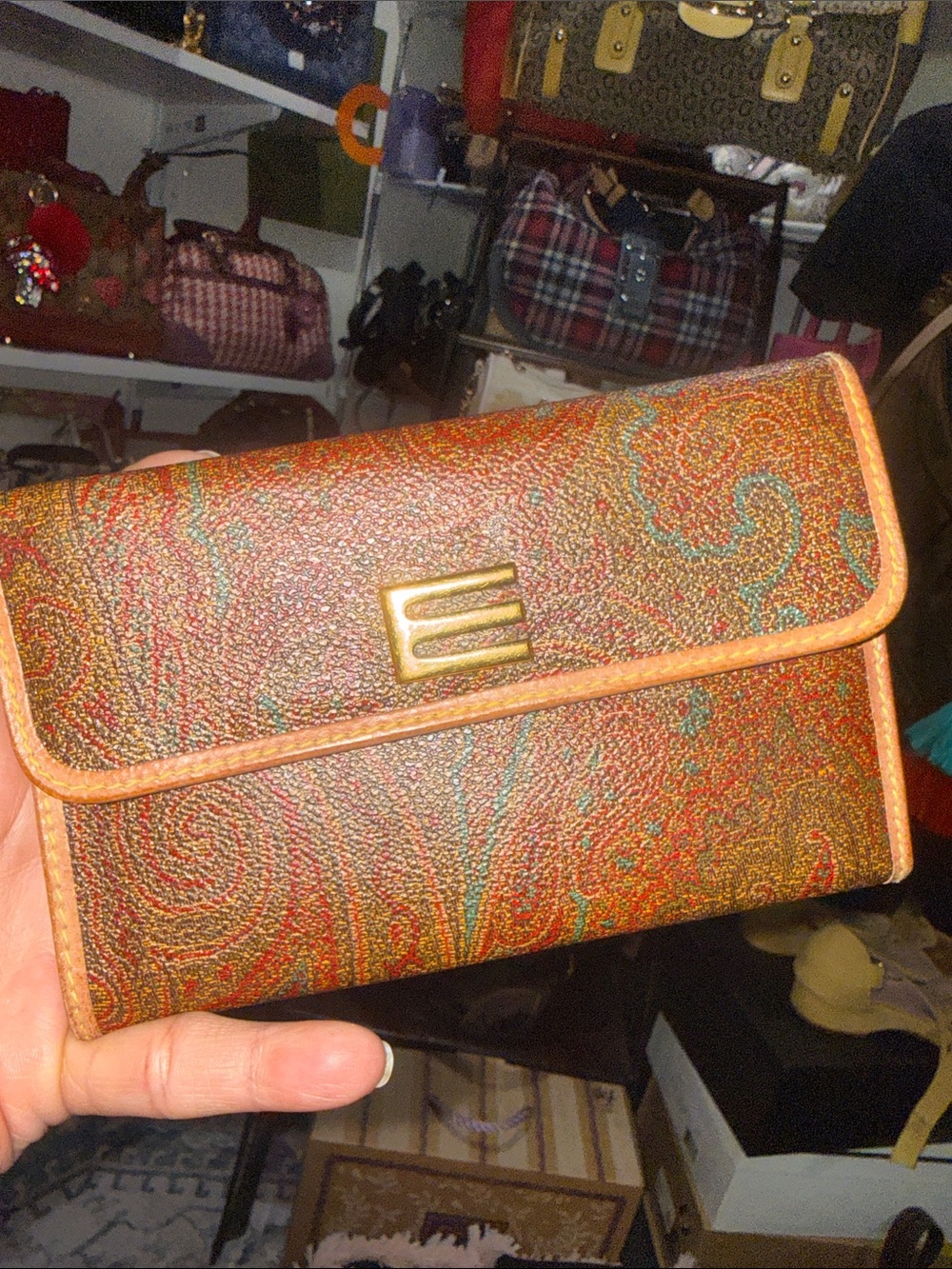 Etro Brown Multi-Paisley Leather Continental Wallet with Gold Detail